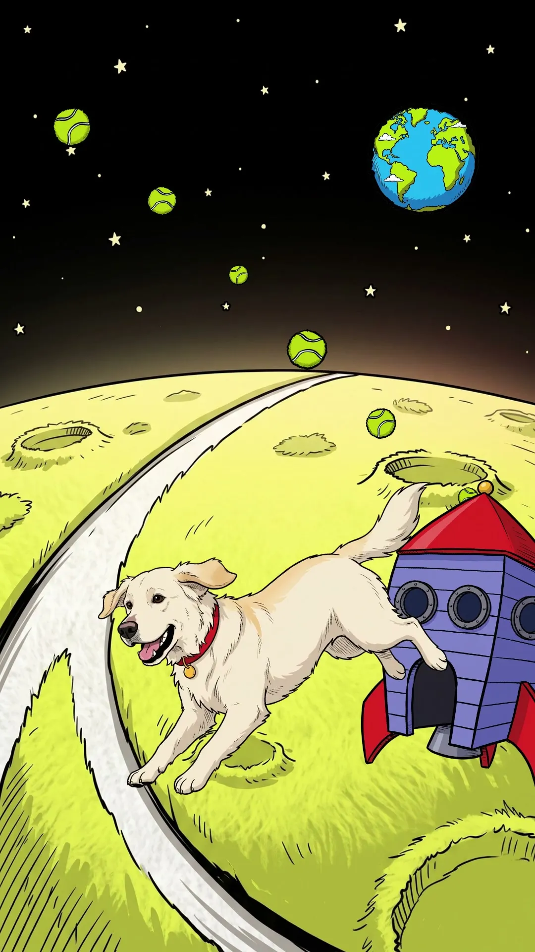 Lambeau bounding across the tennis-ball moon beside his doghouse rocket